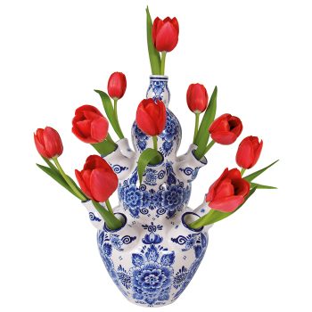 Delftsblauwe tulpenvaas met rode tulpen (Raamsticker)