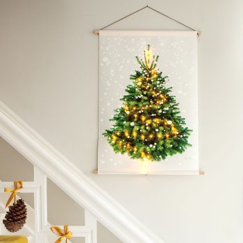 kerstboom met sneeuw. Er hangt een wandkleed met een hyperrealistische foto van een kerstboom aan de muur. Er dwarrelen sneeuwvlokken naar beneden. Er zitten echte lichtjes op het doek. Heel gezellig.