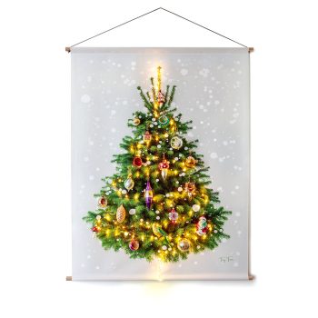 Wandkleed met foto van kerstboom die versierd in met mooie oude kerstballen en lichtjes